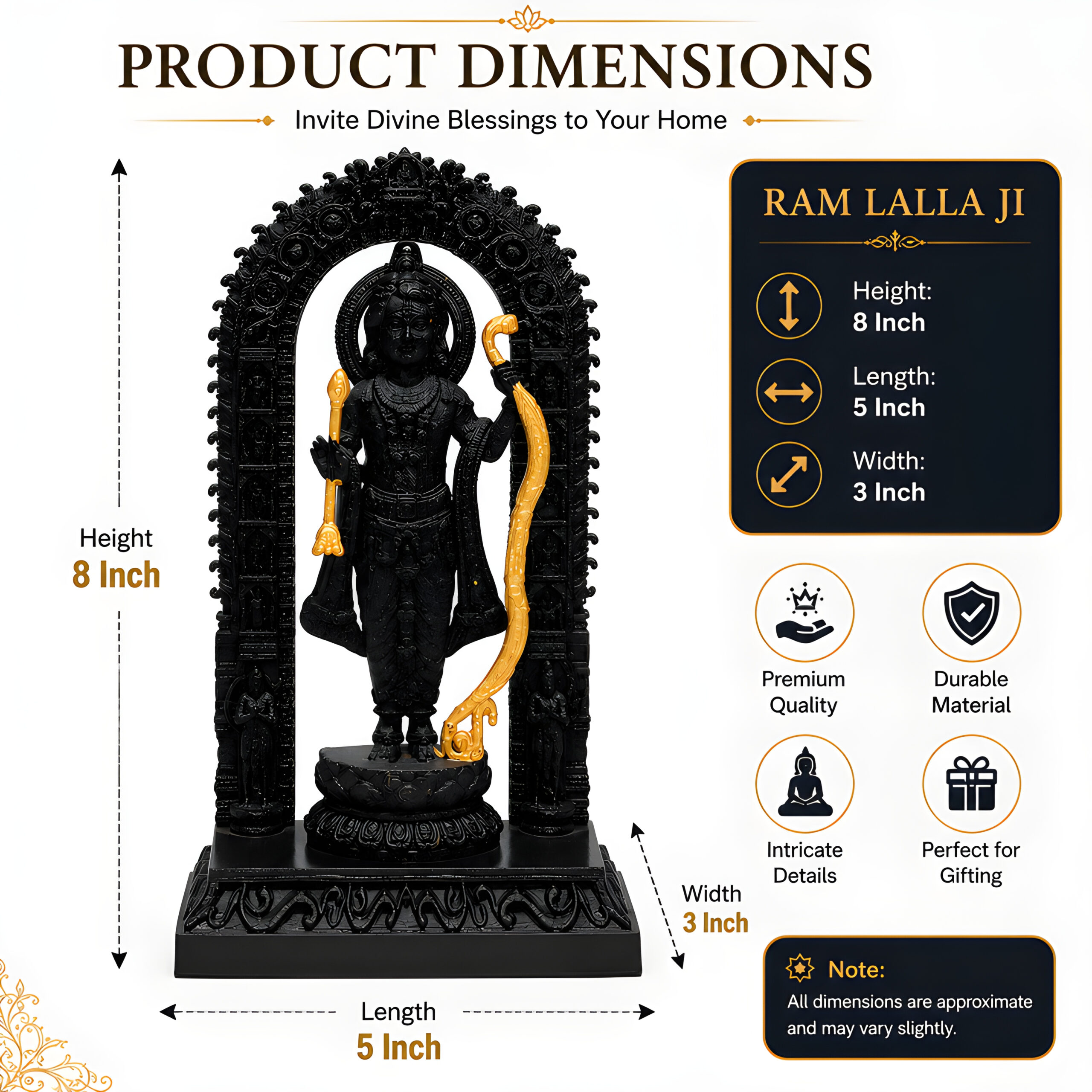 ram lalla ji idol statue, black and gold, decorative religious figurine with arch ram lalla ji idol statue, black and gold, decorative religious figurine with arch