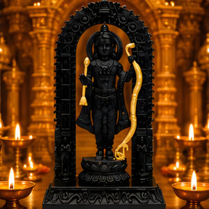 ram lalla ji idol statue, black and gold, decorative religious figurine with arch